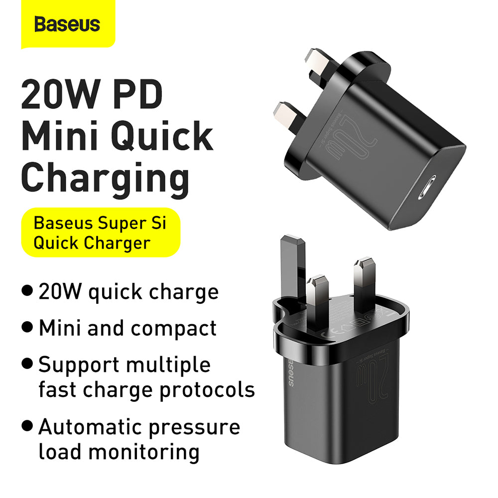 Chargeur Réseau Baseus Super Si UK, 20W, 3A, 1 x USB-C, Noir CCSUP-K01