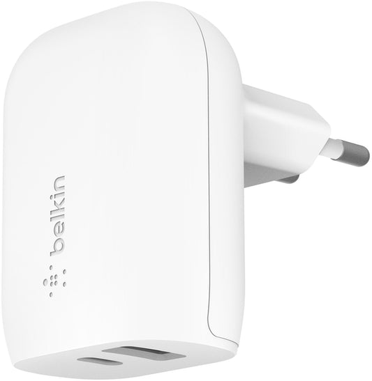 Chargeur secteur Belkin BoostCharge Dual, 37W, 3A, 1 x USB-A - 1 x USB-C, Blanc WCB007vfWH