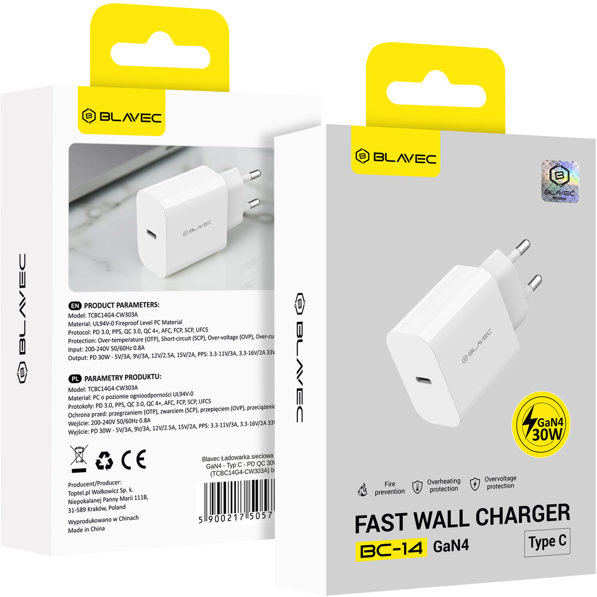 Blavec BC-14-netadapter, 30 W, 3 A, 1 x USB-C, wit