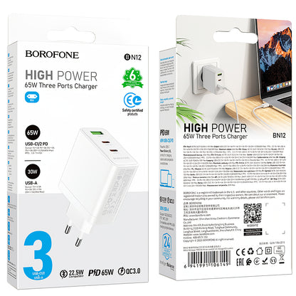 Netwerkoplader Borofone BN12, 65W, 5A, 1 x USB-A - 2 x USB-C, Wit