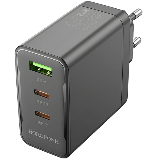 Netwerkoplader Borofone BN12, 65W, 5A, 1 x USB-A - 2 x USB-C, Zwart