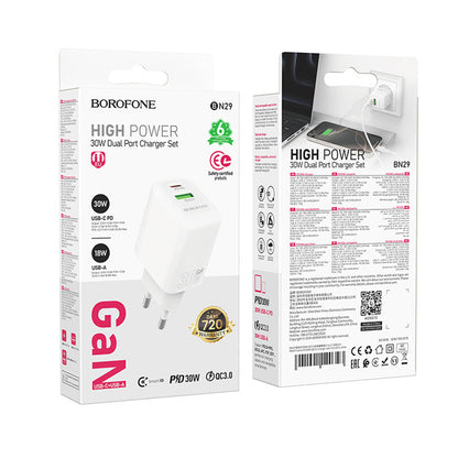 Chargeur Réseau Borofone BN29 Fuente, 30W, 3A, 1 x USB-A - 1 x USB-C, Blanc