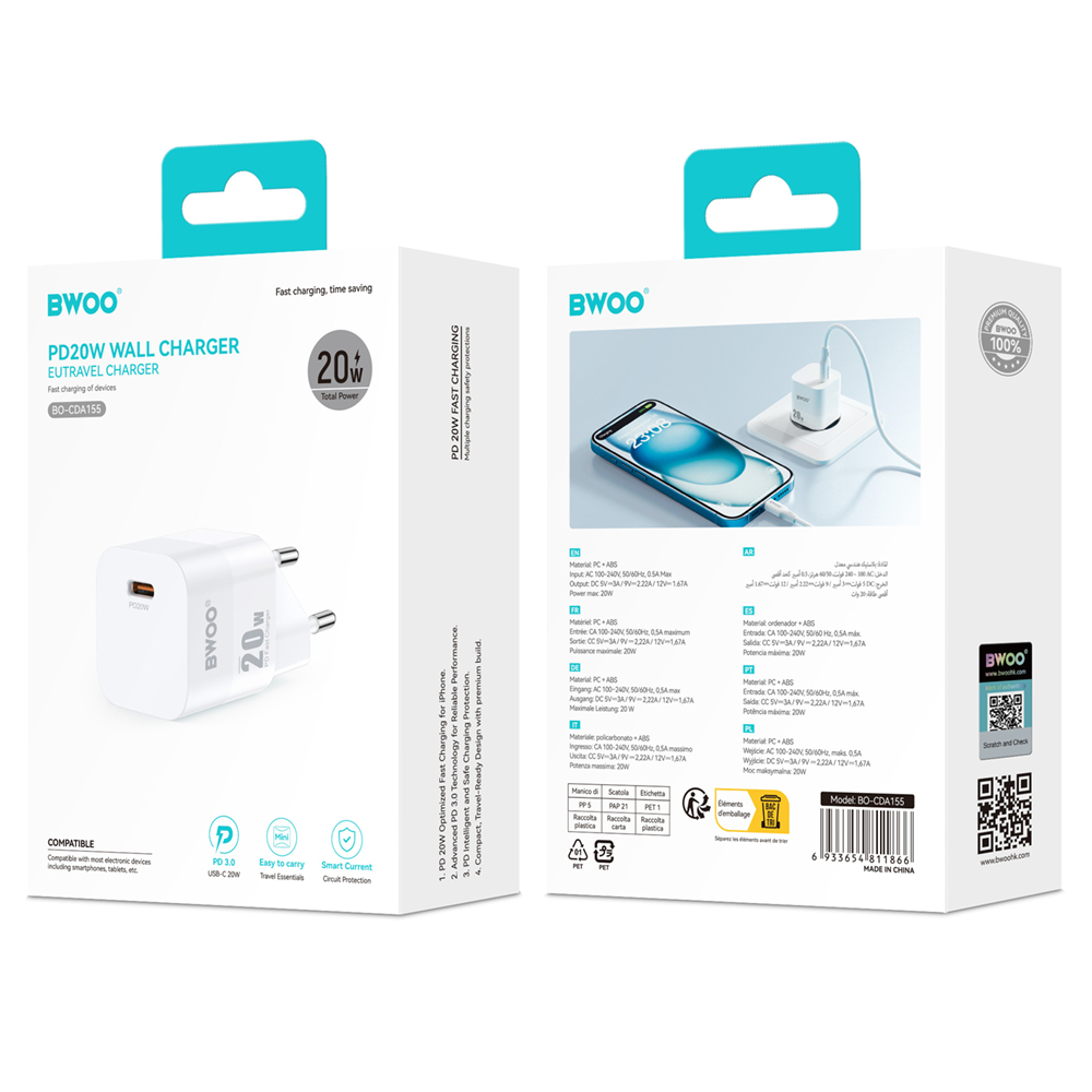 Netlader BWOO CDA155, 20W, 3A, 1 x USB-C, Wit