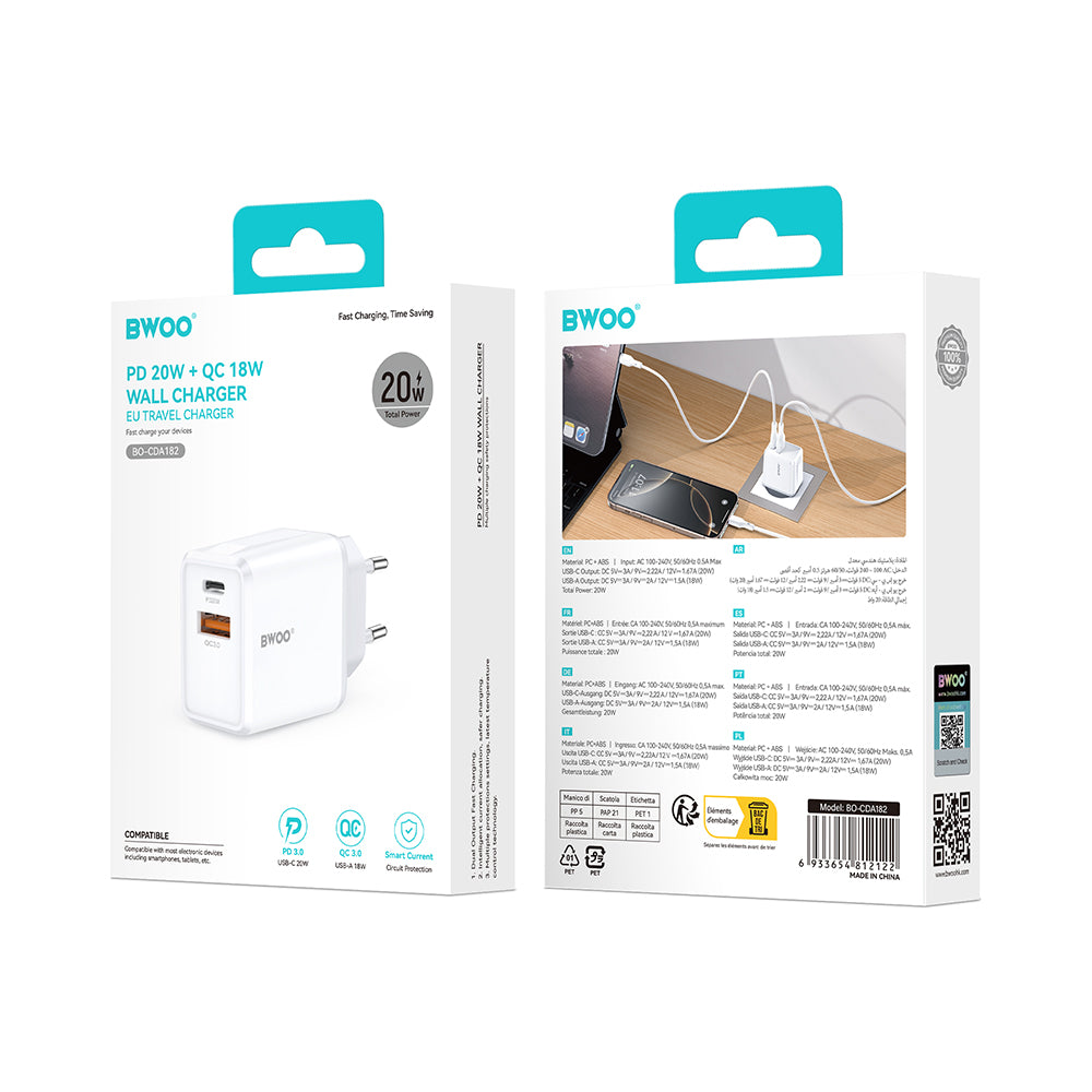 Netwerkoplader BWOO CDA182, 38W, 3A, 1 x USB-A - 1 x USB-C, Wit