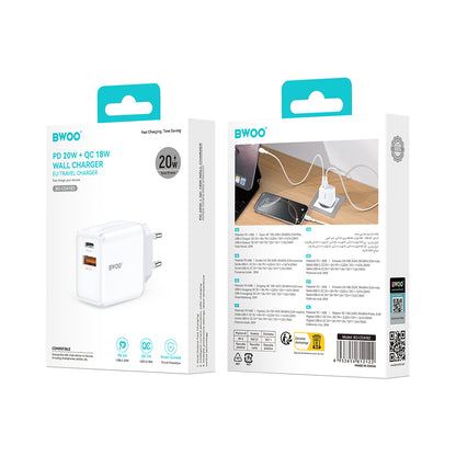 Netwerkoplader BWOO CDA182, 38W, 3A, 1 x USB-A - 1 x USB-C, Wit