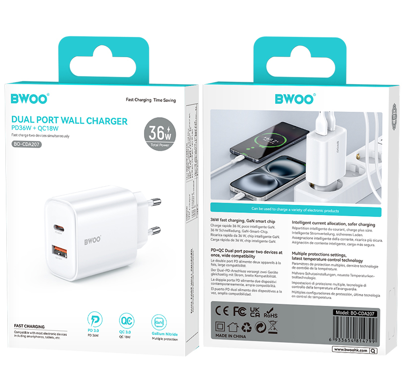 Netwerkoplader BWOO CDA207, 36W, 3A, 1 x USB-A - 1 x USB-C, Wit