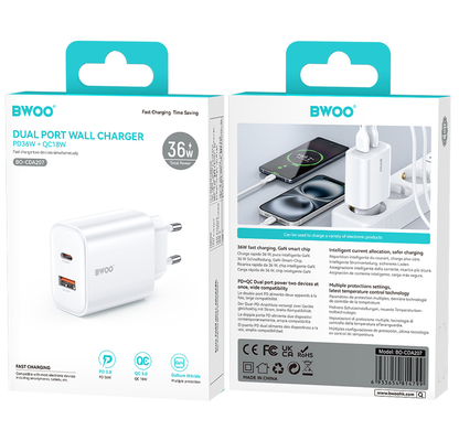 Netwerkoplader BWOO CDA207, 36W, 3A, 1 x USB-A - 1 x USB-C, Wit