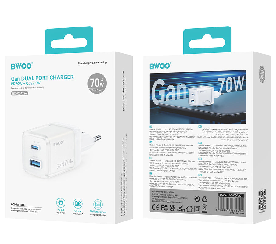 Netwerkoplader BWOO CDA224, 70W, 3.25A, 1 x USB-A - 1 x USB-C, Wit