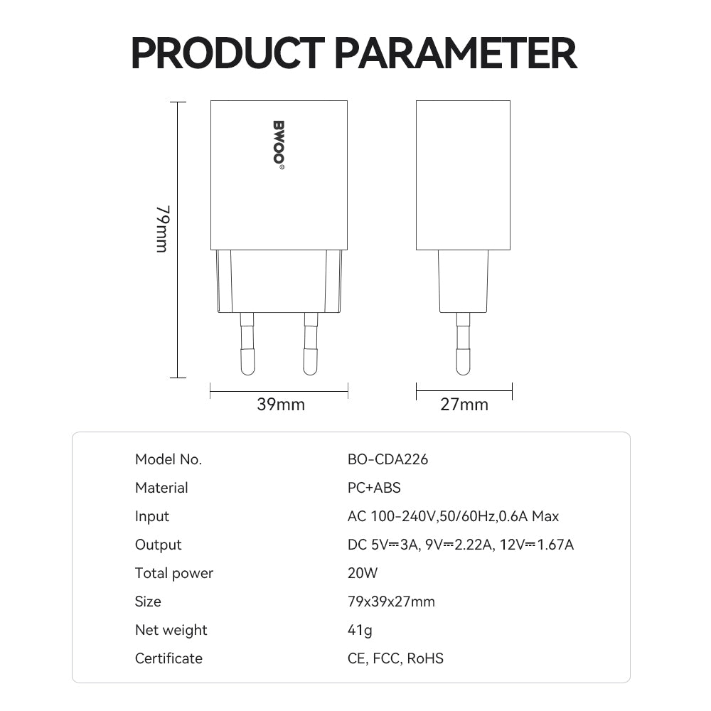 Netwerkoplader BWOO CDA226, 20W, 3A, 1 x USB-C, Wit