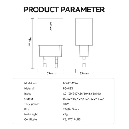 Netwerkoplader BWOO CDA226, 20W, 3A, 1 x USB-C, Wit