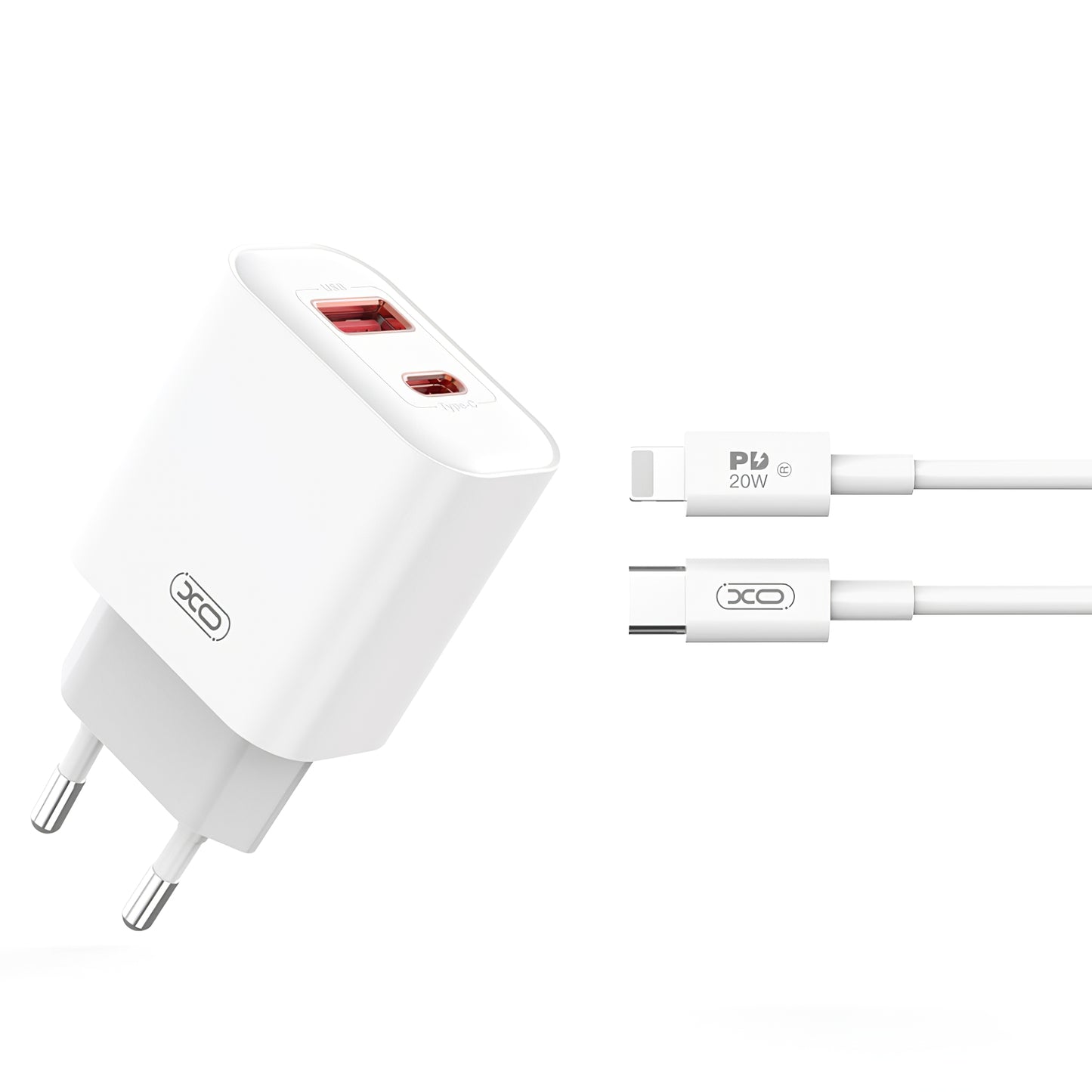 Netwerkoplader met Lightning-kabel XO Design CE12, 20 W, 3 A, 1 x USB-A - 1 x USB-C, Wit 