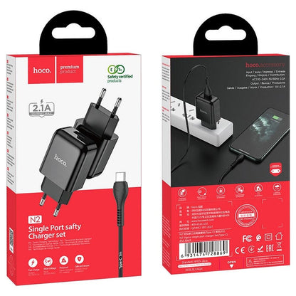Netwerkoplader met USB-C Kabel HOCO N2, 10W, 2A, 1 x USB-A, Zwart