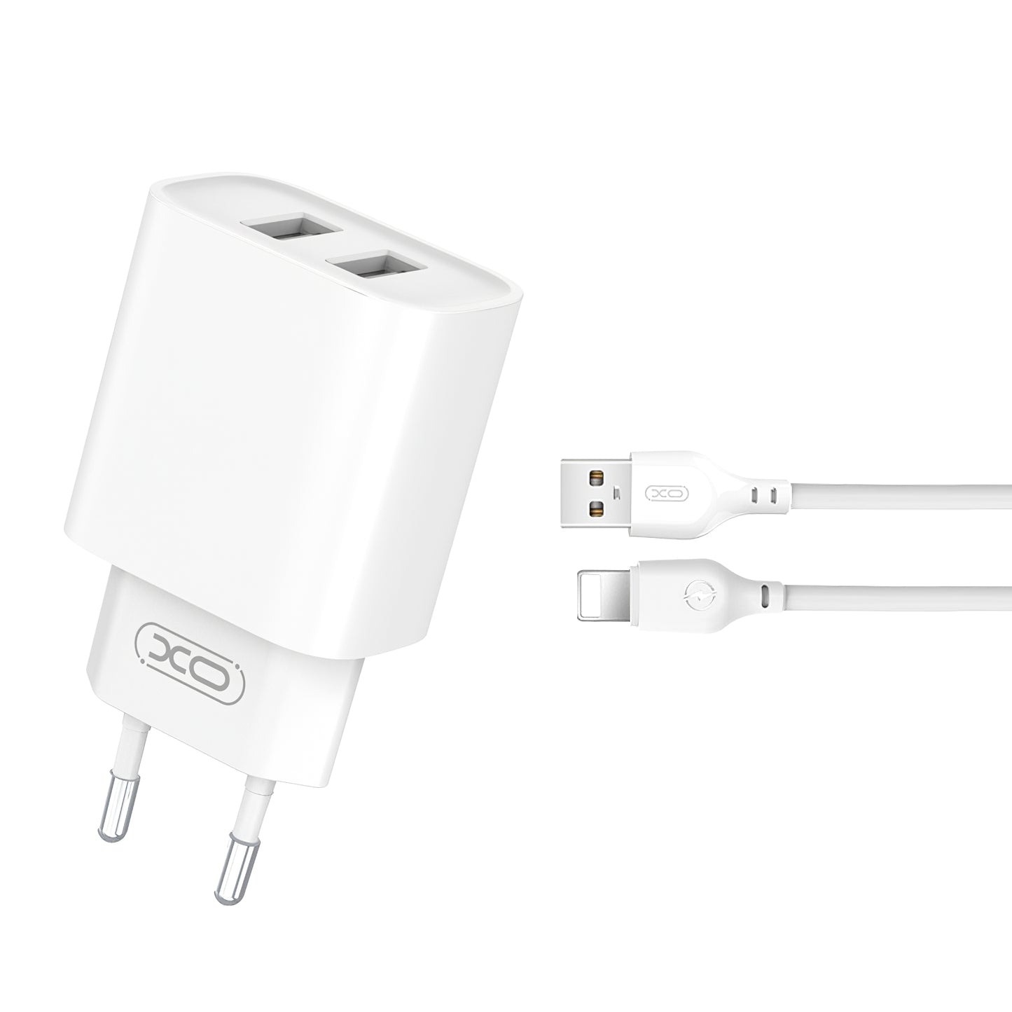 Netwerkoplader met Lightning-kabel XO Design CE02C, 10,5 W, 2,1A, 2 x USB-A, Wit 