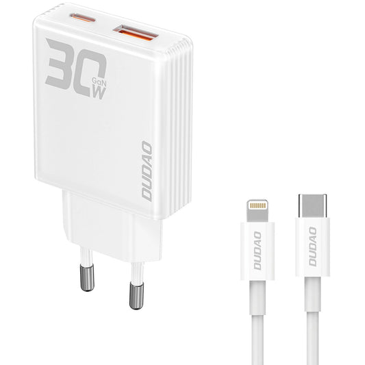 Dudao A30EUL Chargeur réseau avec câble Lightning, 30W, 3A, 1 x USB-A - 1 x USB-C, blanc 