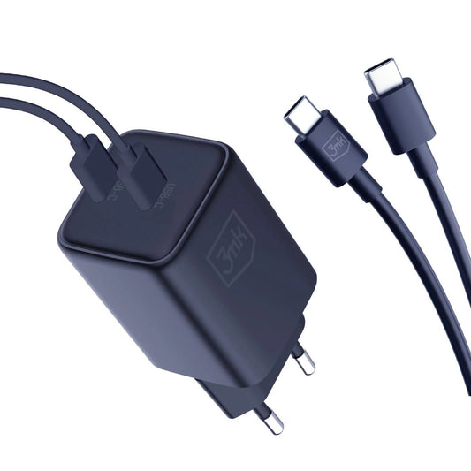 3MK HyperCharger Netwerkoplader met USB-C kabel, 45W, 3A, 2 x USB-C, Zwart 