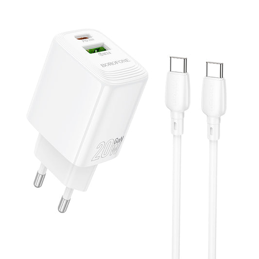 Chargeur réseau avec câble USB-C Borofone BN27 Fuente, 20W, 3A, 1 x USB-A - 1 x USB-C, Blanc