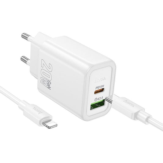 Netwerkoplader met Lightning Kabel HOCO N61, 20W, 3A, 1 x USB-A - 1 x USB-C, Wit