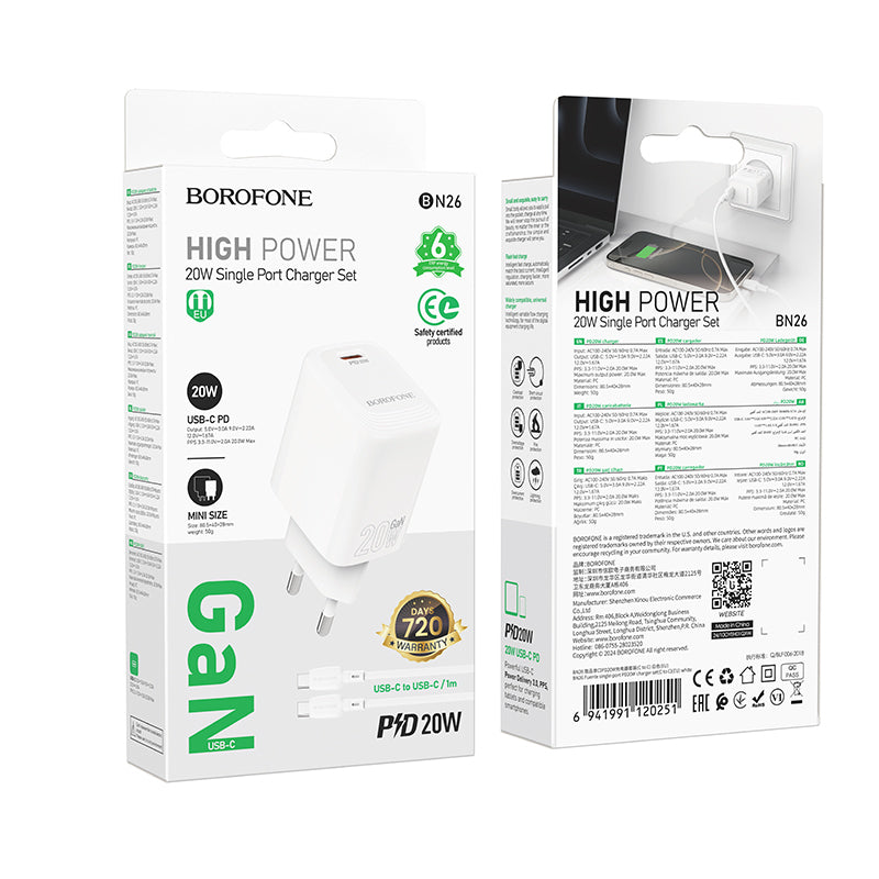 Netzladegerät mit USB-C Kabel Borofone BN26 Fuente, 20W, 3A, 1 x USB-C, Weiß