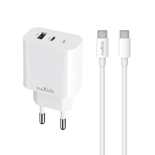 Netwerkoplader met USB-C Kabel MaXlife MXTC-06-20AC, 20W, 3A, 1 x USB-A - 1 x USB-C, Wit