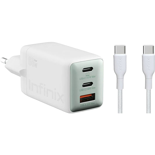 Chargeur réseau avec câble USB-C Infinix XC07868EU + XDC95, 68W, 6.2A, 1 x USB-A - 2 x USB-C, Blanc