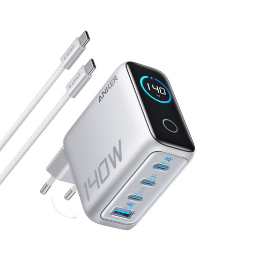 Chargeur Réseau avec Câble USB-C Anker Zolo, 140W, 5A, 1 x USB-A - 3 x USB-C, Argenté B2697G41