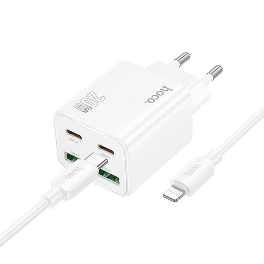 Chargeur réseau avec câble Lightning HOCO N55, 20W, 3A, 2 x USB-A - 2 x USB-C, Blanc