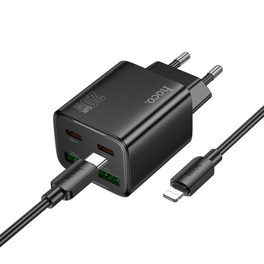 Chargeur réseau avec câble Lightning HOCO N55, 20W, 3A, 2 x USB-A - 2 x USB-C, Noir