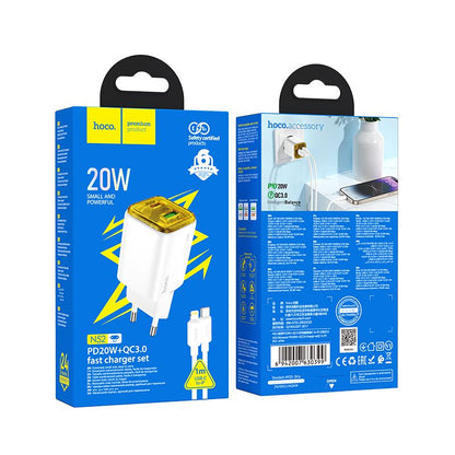 Netwerkoplader met USB-C Kabel HOCO N52, 20W, 3A, 1 x USB-A - 1 x USB-C, Wit