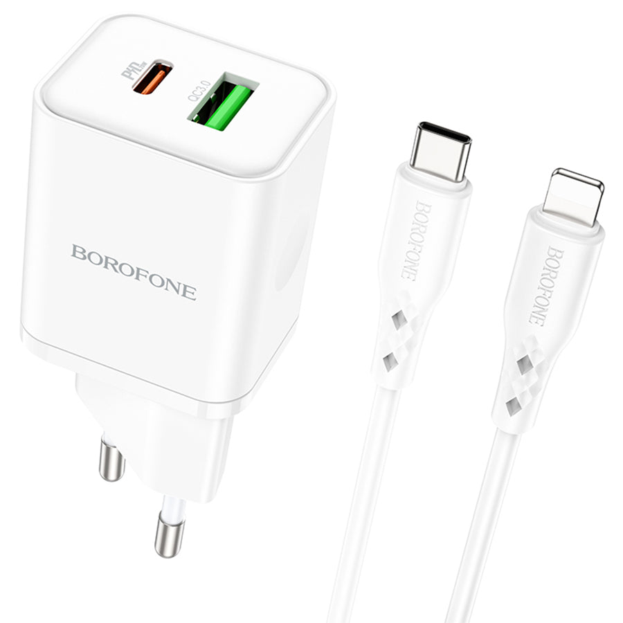 Chargeur réseau avec câble Lightning Borofone BN7, 20W, 3A, 1 x USB-A - 1 x USB-C, Blanc