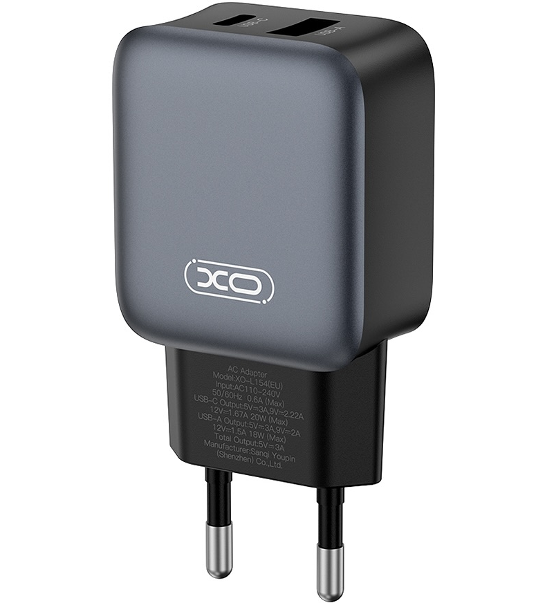 Netwerkoplader met Lightning-kabel XO Design L154, 20W, 3A, 1 x USB-A - 1 x USB-C, Zwart