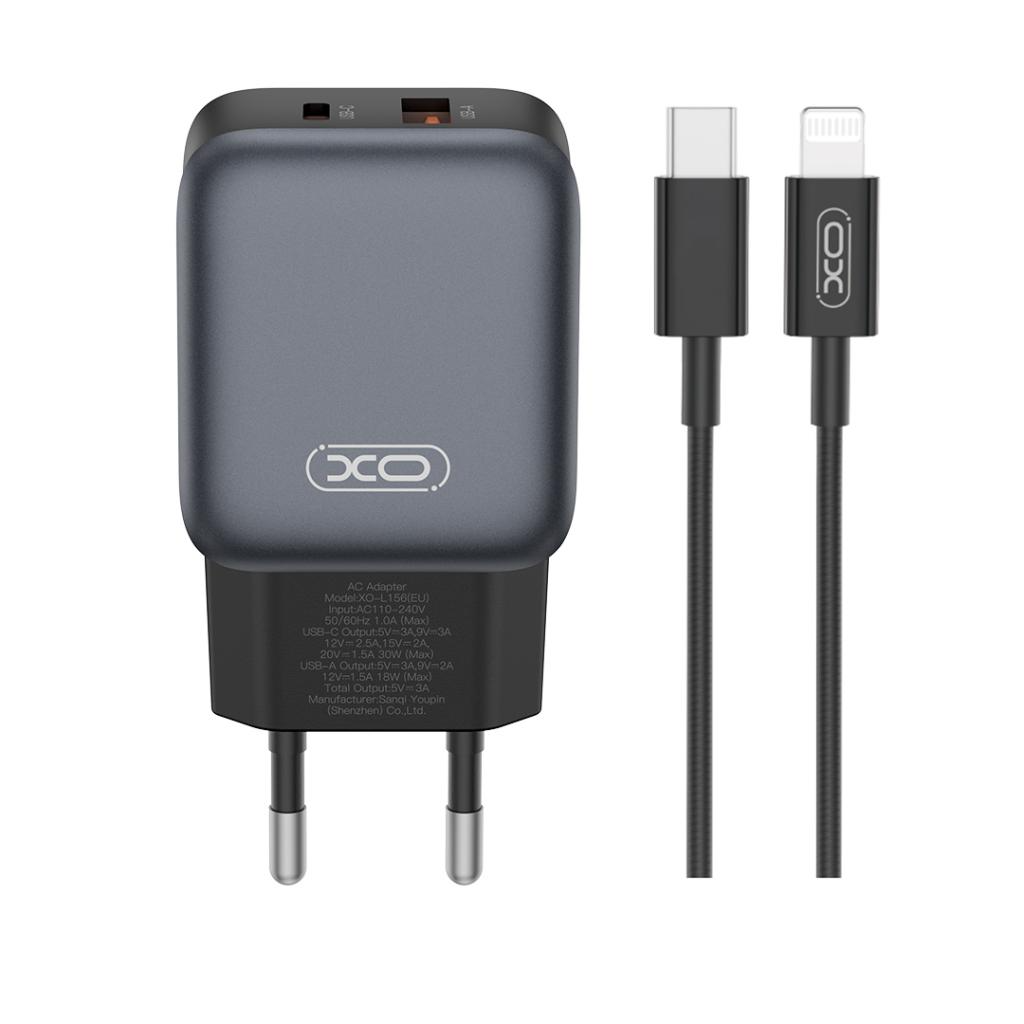 Netwerkoplader met Lightning-kabel XO Design L156, 30W, 3A, 1 x USB-A - 1 x USB-C, Zwart