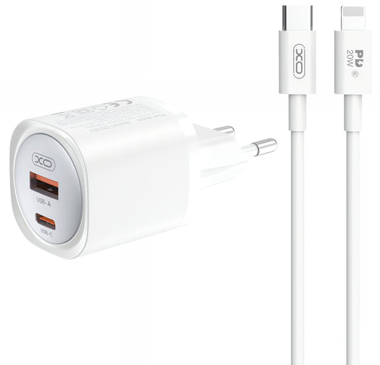 Chargeur réseau avec câble Lightning XO Design CE21, 30W, 3A, 1 x USB-A - 1 x USB-C, Blanc