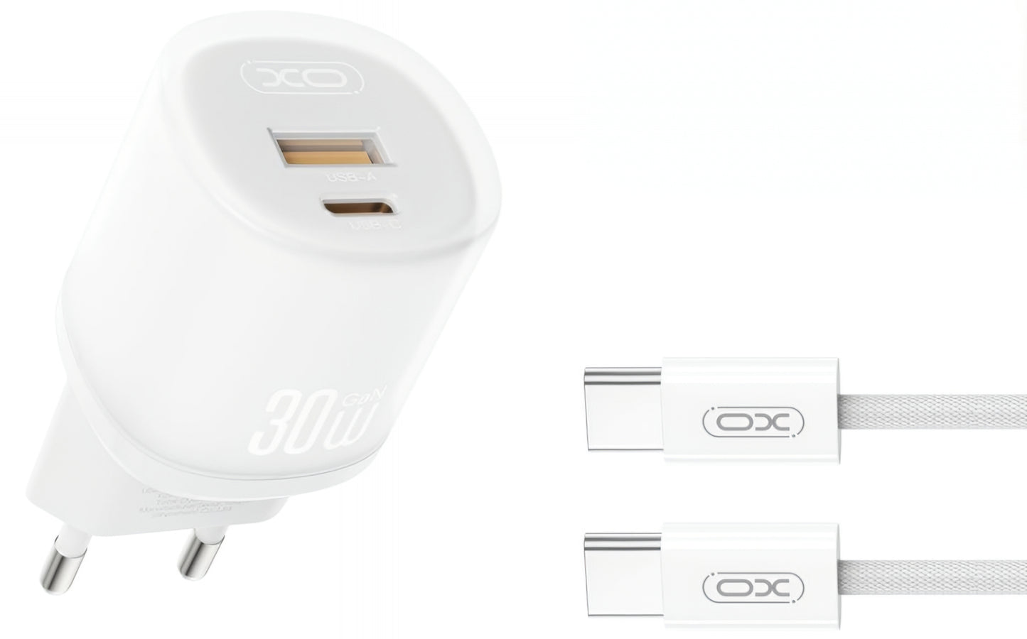 Chargeur réseau avec câble USB-C XO Design L151, 30W, 3A, 1 x USB-A - 1 x USB-C, Blanc
