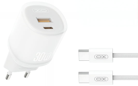 Chargeur réseau avec câble USB-C XO Design L151, 30W, 3A, 1 x USB-A - 1 x USB-C, Blanc