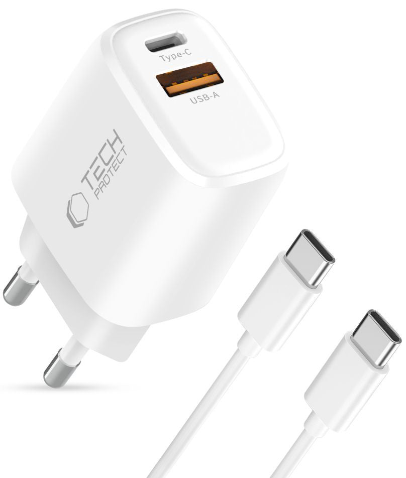 Chargeur réseau avec câble USB-C Tech-Protect NCA45W, 45W, 3A, 1 x USB-A - 1 x USB-C, Blanc