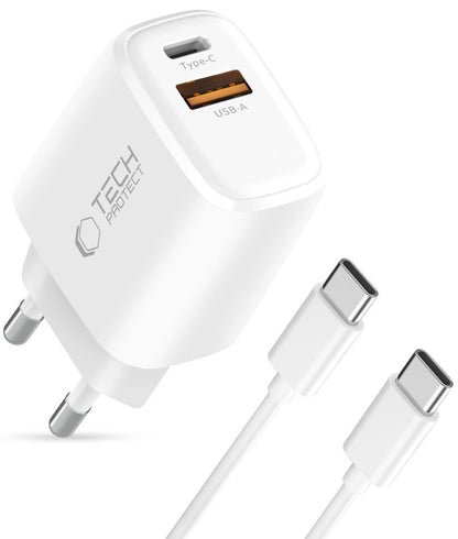 Chargeur réseau avec câble USB-C Tech-Protect NCA45W, 45W, 3A, 1 x USB-A - 1 x USB-C, Blanc