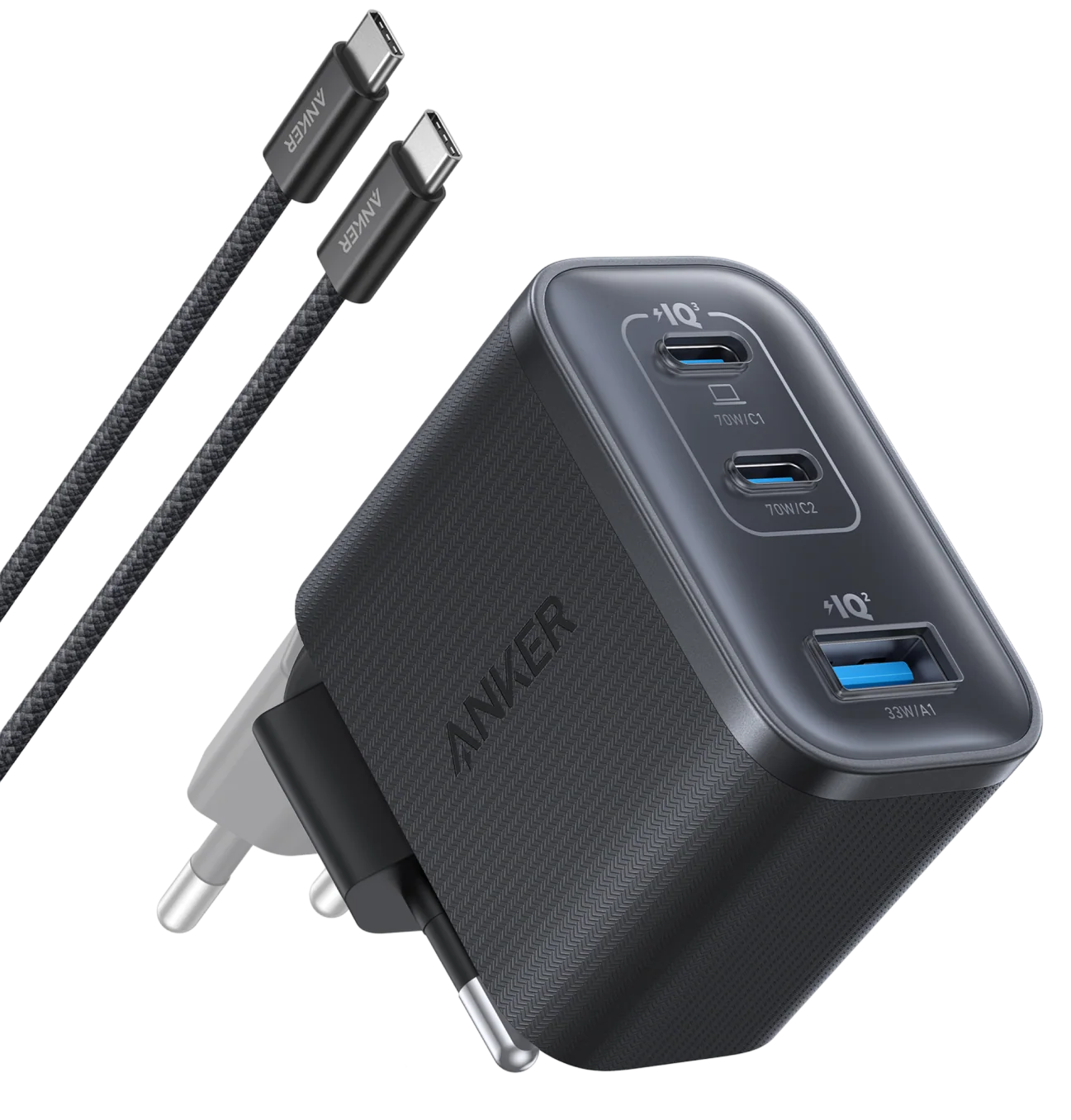 Chargeur réseau avec câble USB-C Anker Nano, 70W, 3.5A, 1 x USB-A - 2 x USB-C, Gris B121A311