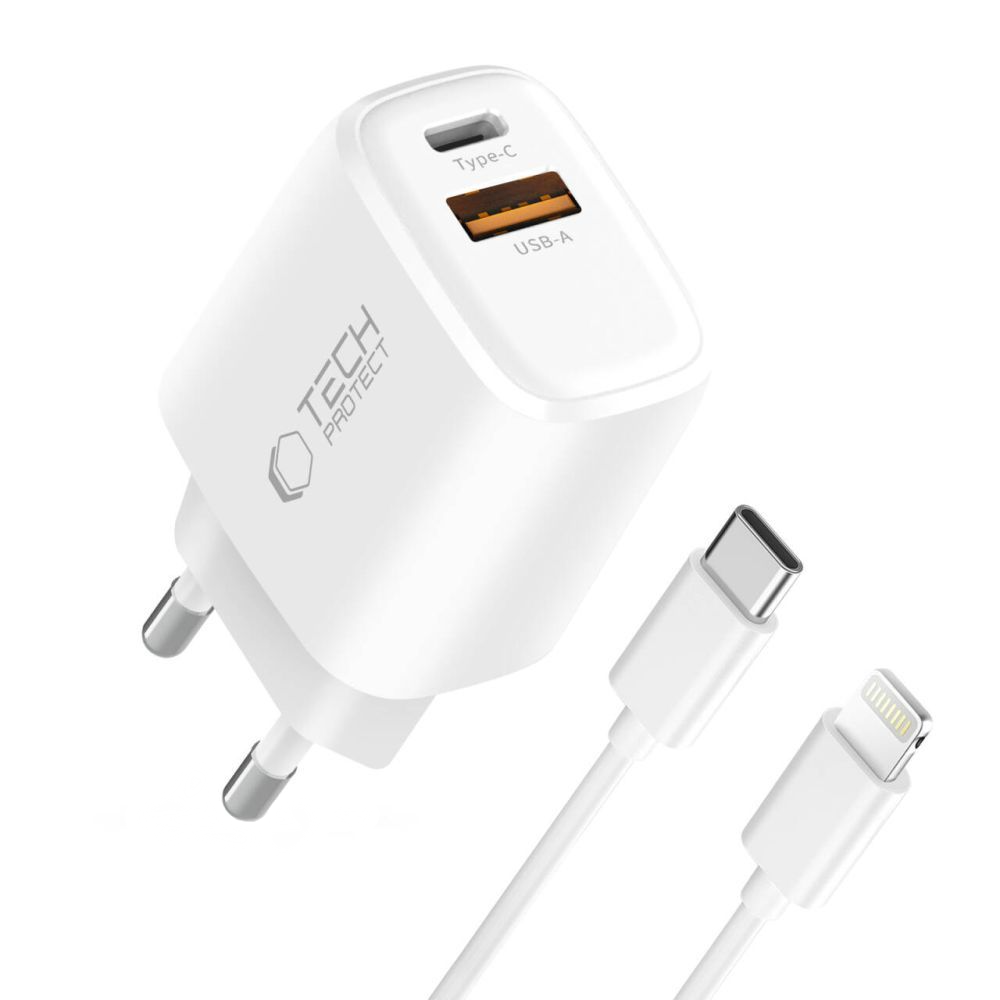 Netlader met Lightning-kabel Tech-Protect NCA20, 20W, 3A, 1 x USB-A - 1 x USB-C, Wit