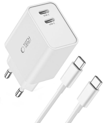 Chargeur secteur avec câble USB-C Tech-Protect C35W, 35W, 3A, 2 x USB-C, Blanc