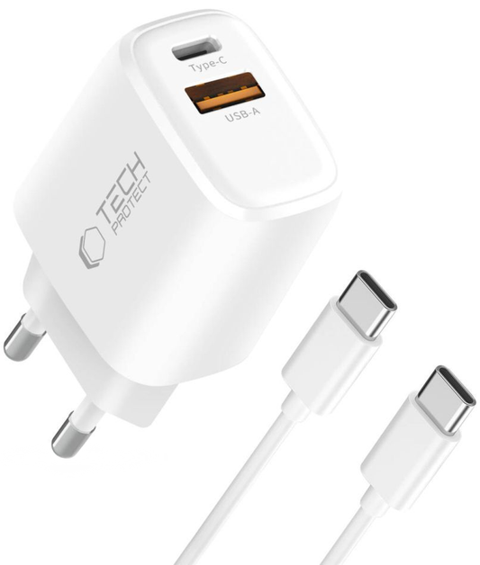Netlader met USB-C-kabel Tech-Protect NCA20, 20W, 3A, 1 x USB-A - 1 x USB-C, Wit