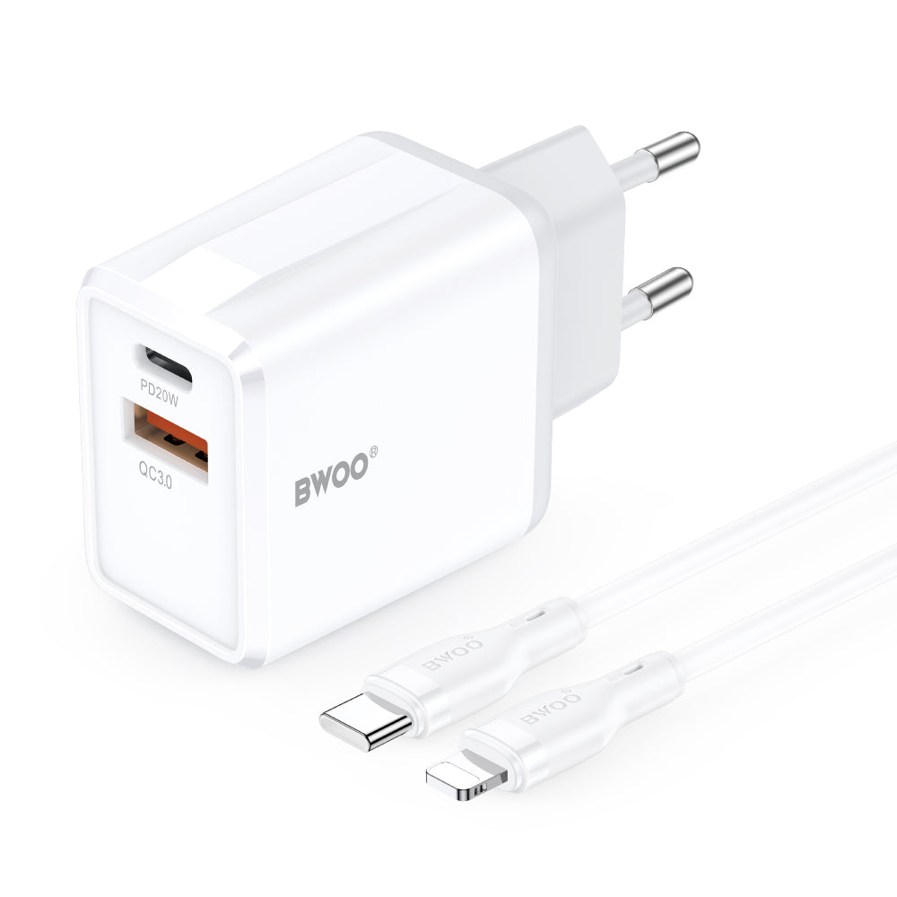 Chargeur Secteur Avec Câble Lightning BWOO CDA182, 38W, 3A, 1 x USB-A - 1 x USB-C, Blanc