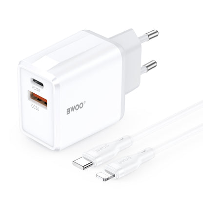 Chargeur Secteur Avec Câble Lightning BWOO CDA182, 38W, 3A, 1 x USB-A - 1 x USB-C, Blanc