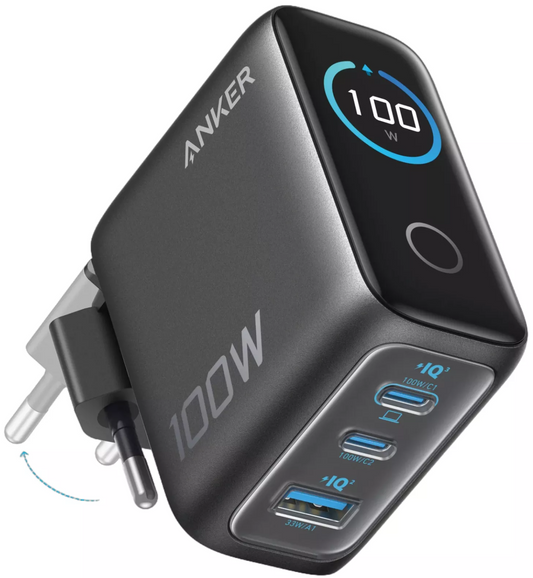 Anker Smart Display USB-C Netvoeding met Kabel, 100W, 5A, 1 x USB-A - 2 x USB-C, Grijs, Herverpakt B121BGZ1