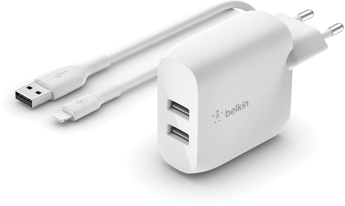 Netlader met USB-C-kabel Belkin BoostCharge Dual, 24W, 2.4A, 2 x USB-A, Wit WCE001vf1MWH