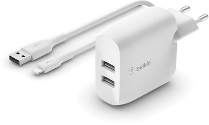 Netlader met USB-C-kabel Belkin BoostCharge Dual, 24W, 2.4A, 2 x USB-A, Wit WCE001vf1MWH