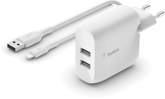 Chargeur secteur avec câble USB-C Belkin BoostCharge Dual, 24W, 2.4A, 2 x USB-A, Blanc WCE001vf1MWH
