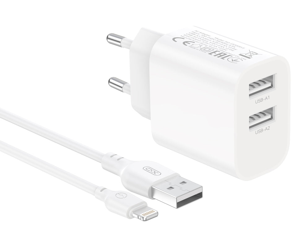 XO Design CE55-netoplader met Lightning-kabel, 12 W, 2,4 A, 2 x USB-A, wit