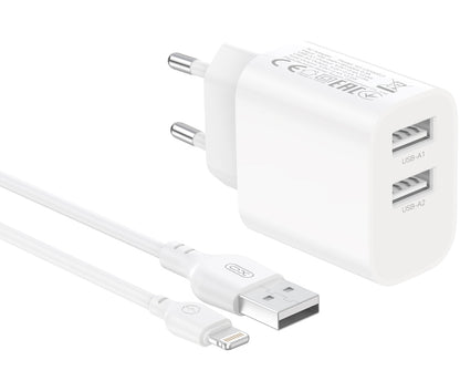 XO Design CE55-netoplader met Lightning-kabel, 12 W, 2,4 A, 2 x USB-A, wit