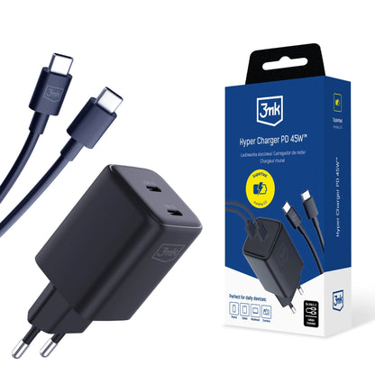 3MK HyperCharger Netwerkoplader met USB-C kabel, 45W, 3A, 2 x USB-C, Zwart 