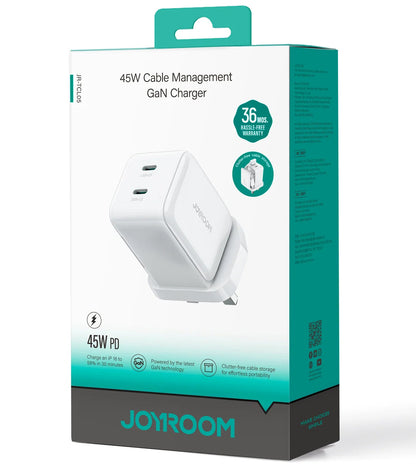 Netwerkoplader met USB-C Kabel Joyroom JR-TCL05, 45W, 3A, 2 x USB-C, Wit